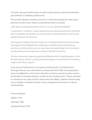 Es mucho más que enseñar a leer y escribir, ensena a pensar, dota de herramientas
para entender la realidad y transformarla.
Procura este método innovador, provocar un cambio de actitudes de modo que la
persona se siente crecer, mejorar, sorprenderse y tener curiosidad.
¿Qué tipo de sociedad pensamos construir con una juventud analfabeta?
Si queremos un mundo en el que cada persona sea capaz de participar en el destino
de las sociedades, de acceder a los conocimientos y de enriquecerlos, tenemos que
agilizar el paso en esa direccion.
Para lograrlo, Freddy a través de Frespón, ha cambiado el enfoque convencional de
los programas de alfabetización sustituyendo el modelo tradicional de lectura y
escritura en sentido estricto, por uno que relaciona el aprendizaje con el consumo y
los elementos que son propios de su entorno lleno de limitaciones.
De esta manera este singular programa de alfabetización, ha logrado ayudar a miles
de dominicanos a liberar su potencial de aprendizaje y a transformarse en hombres y
mujeres más libres y seguros.
Es por eso que Freddy Santana, con el apoyo incondicional de su Club Rotario Santo
Domingo Poniente y otros clubes Rotarios y Rotaract del Distrito 4060, hemos declarado la
guerra al analfabetismo y ahora mismo desarrolla una ofensiva nacional, mundial, universal,
donde hasta los impúberes participan, armados de dos herraduras y dos “i” latinas recortadas
en cartulinas con las cuales se forman todas las letras del alfabeto, potentes armaduras estas,
que son dirigidas sin piedad contra este mal que empequeñece al hombre y la mujer de
nuestros tiempos.
Provincia Población
Dajabón 7,430
Pedernales 7,689
Santiago Rodríguez 7,993
 