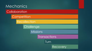 Mechanics
Collaboration
Competition
Recollection
Challenge
Missions
Transactions
Turn
Recovery
 
