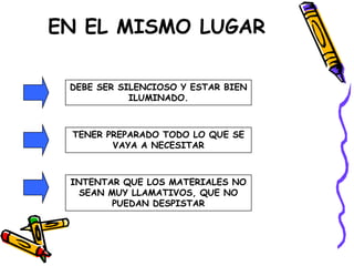 EN EL MISMO LUGAR
TENER PREPARADO TODO LO QUE SE
VAYA A NECESITAR
DEBE SER SILENCIOSO Y ESTAR BIEN
ILUMINADO.
INTENTAR QUE LOS MATERIALES NO
SEAN MUY LLAMATIVOS, QUE NO
PUEDAN DESPISTAR
 