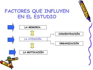 FACTORES QUE INFLUYEN
EN EL ESTUDIO
LA ATENCIÓN.
LA MEMORIA.
LA MOTIVACIÓN
CONCENTRACIÓN
ORGANIZACIÓN
 