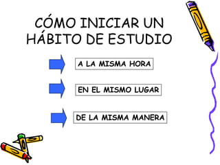 A LA MISMA HORA
EN EL MISMO LUGAR
DE LA MISMA MANERA
CÓMO INICIAR UN
HÁBITO DE ESTUDIO
 