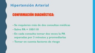 Hipertensión Arterial
CONFIRMACIÓN DIAGNÓSTICA:
–Se requieren más de dos consultas médicas
–Salvo PA = 180/110
–En cada consulta tomar dos veces la PA
separadas por 3 minutos y promediarlas
–Tomar en cuenta factores de riesgo
 