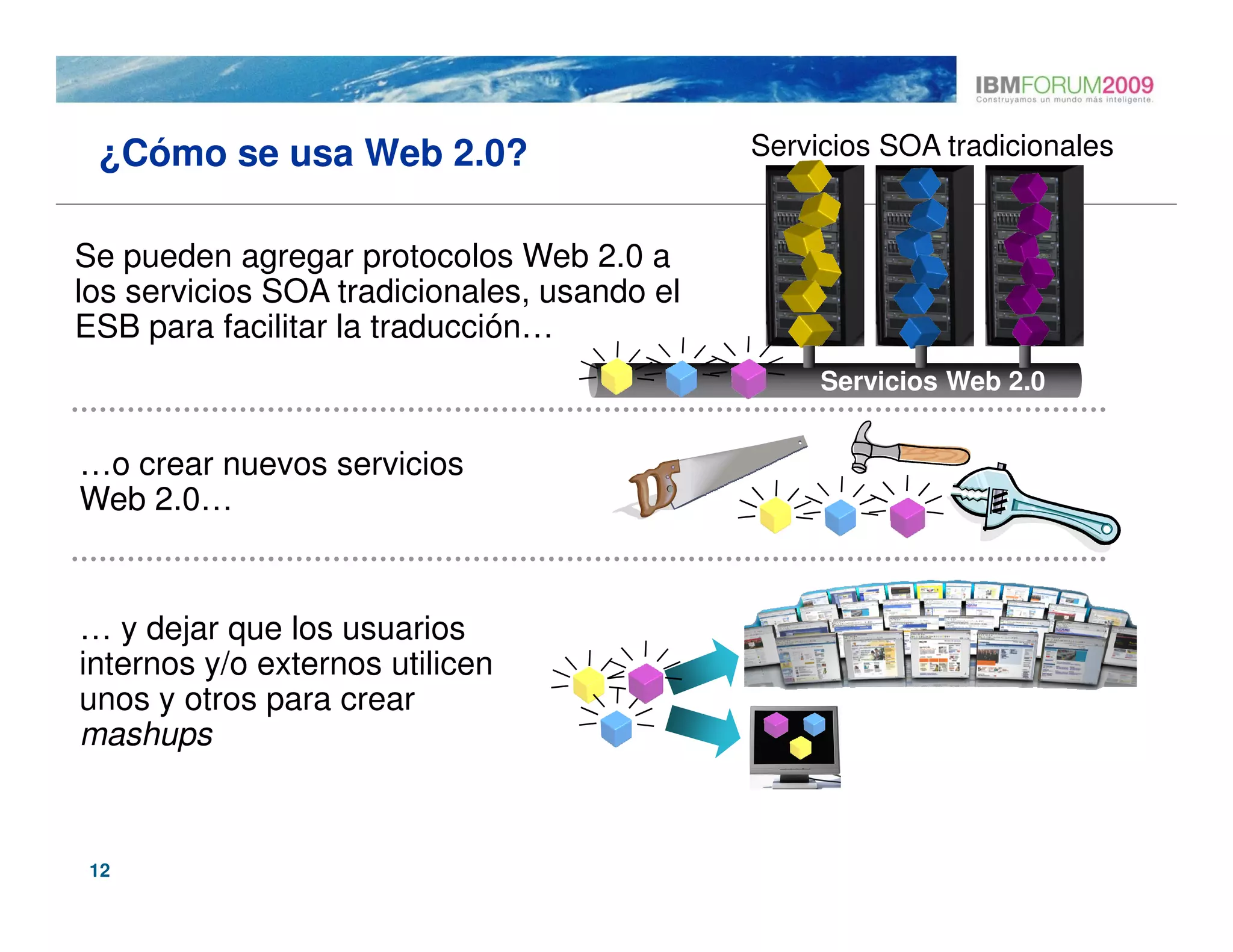 ¿Cómo se usa Web 2.0?                       Servicios SOA tradicionales


Se pueden agregar protocolos Web 2.0 a
los servicios SOA tradicionales, usando el
ESB para facilitar la traducción…
                                                  Servicios Web 2.0


…o crear nuevos servicios
Web 2.0…


… y dejar que los usuarios
internos y/o externos utilicen
unos y otros para crear
mashups



 12
 