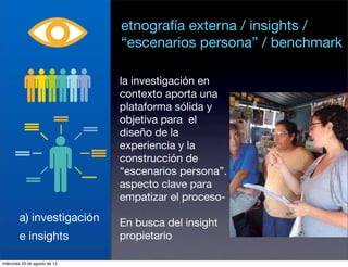 etnografía externa / insights /
                               “escenarios persona” / benchmark

                               la investigación en
                               contexto aporta una
                               plataforma sólida y
                               objetiva para el
                               diseño de la
                               experiencia y la
                               construcción de
                               “escenarios persona”.
                               aspecto clave para
                               empatizar el proceso-
        a) investigación       En busca del insight
        e insights             propietario

miércoles 29 de agosto de 12
 