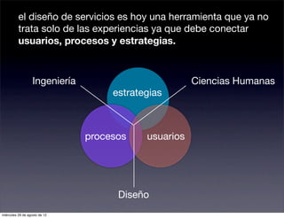 el diseño de servicios es hoy una herramienta que ya no
          trata solo de las experiencias ya que debe conectar
          usuarios, procesos y estrategias.



                   Ingeniería                          Ciencias Humanas
                                     estrategias



                                procesos    usuarios




                                      Diseño
miércoles 29 de agosto de 12
 