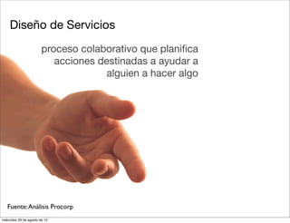 Diseño de Servicios
                        proceso colaborativo que planiﬁca
                           acciones destinadas a ayudar a
                                      alguien a hacer algo




   Fuente: Análisis Procorp
miércoles 29 de agosto de 12
 