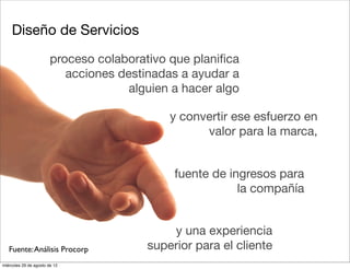 Diseño de Servicios
                        proceso colaborativo que planiﬁca
                           acciones destinadas a ayudar a
                                      alguien a hacer algo

                                             y convertir ese esfuerzo en
                                                   valor para la marca,


                                              fuente de ingresos para
                                                          la compañía


                                             y una experiencia
   Fuente: Análisis Procorp              superior para el cliente
miércoles 29 de agosto de 12
 