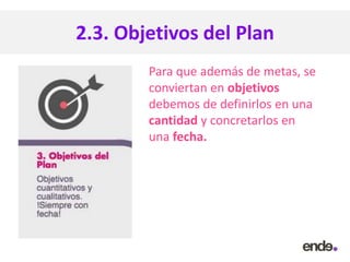 2.3. Objetivos del Plan
Para que además de metas, se
conviertan en objetivos
debemos de definirlos en una
cantidad y concretarlos en
una fecha.
 