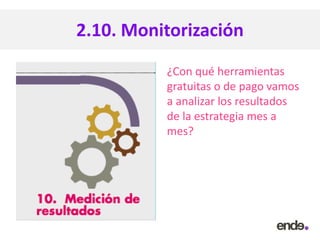 2.10. Monitorización
¿Con qué herramientas
gratuitas o de pago vamos
a analizar los resultados
de la estrategia mes a
mes?
 