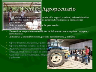Técnico Agropecuario Actividades relacionadas con la producción vegetal y animal, industrialización en pequeñas escalas, maquinarias, equipos, herramientas e instalaciones agropecuarias Bajo supervisón en explotaciones de gran escala. Planificar el proyecto productivo Determinar  requerimientos edilicios, de infraestructura, maquinas , equipos y herramientas Almacenar y adquirir insumos, gestión  administrativa y contable Operar tractores, maquinas, equipos y herramientas Operar diferentes sistemas de riego y drenaje. Realizar actividades de multiplicación y desarrollo de las especies vegetales  Efectuar practicas sanitarias en animales e instalaciones Gestionar la comercialización, programas de extensión en programas públicos y privados. 