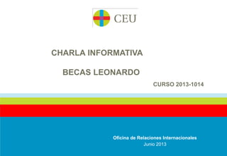 CHARLA INFORMATIVA
BECAS LEONARDO
CURSO 2013-1014
Oficina de Relaciones Internacionales
Junio 2013
 