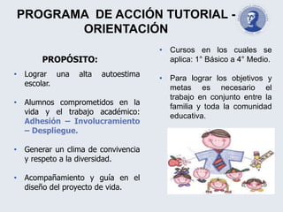 PROGRAMA DE ACCIÓN TUTORIAL -
ORIENTACIÓN
PROPÓSITO:
• Lograr una alta autoestima
escolar.
• Alumnos comprometidos en la
vida y el trabajo académico:
Adhesión – Involucramiento
– Despliegue.
• Generar un clima de convivencia
y respeto a la diversidad.
• Acompañamiento y guía en el
diseño del proyecto de vida.
• Cursos en los cuales se
aplica: 1° Básico a 4° Medio.
• Para lograr los objetivos y
metas es necesario el
trabajo en conjunto entre la
familia y toda la comunidad
educativa.
 