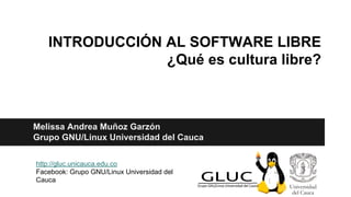 INTRODUCCIÓN AL SOFTWARE LIBRE
¿Qué es cultura libre?
Melissa Andrea Muñoz Garzón
Grupo GNU/Linux Universidad del Cauca
http://gluc.unicauca.edu.co
Facebook: Grupo GNU/Linux Universidad del
Cauca
 