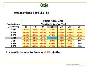 Soja Arrendamiento : 400 u$s / ha El resultado medio fue de  -198  u$s/ha. 