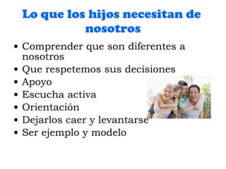 Lo que los hijos necesitan de  nosotros Comprender que son diferentes a nosotros Que respetemos sus decisiones Apoyo Escucha activa Orientación Dejarlos caer y levantarse Ser ejemplo y modelo 