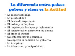 La diferencia entra países pobres y ricos es  la   Actitud La responsabilidad  La puntualidad El deseo de superación El orden y la limpieza El respeto por las leyes y reglamentos El respeto por el derecho a los demás El amor al trabajo Su esfuerzo por la economía No esperan la solución del gobierno La integridad La ética como principio básico 