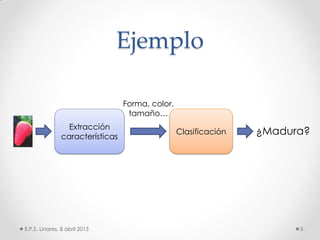 Ejemplo
E.P.S. Linares, 8 abril 2013 3
Extracción
características
Clasificación ¿Madura?
Forma, color,
tamaño…
 