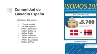 Comunidad de
Linkedin España
10 millones de usuarios:
- 2,5m de Madrid
- 2m de Barcelona
- 600mil de Valencia
- 400mil de Murcia
- 400 de Sevilla
- 300mil de Bilbao
- 200mil de Granada
- 200mil de Zaragoza
- 200mil de Vigo
 