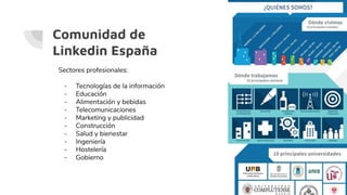 Comunidad de
Linkedin España
Sectores profesionales:
- Tecnologías de la información
- Educación
- Alimentación y bebidas
- Telecomunicaciones
- Marketing y publicidad
- Construcción
- Salud y bienestar
- Ingeniería
- Hostelería
- Gobierno
 