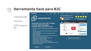 Herramienta hack para B2C
15 días de prueba
15 $ al mes
8,25 $ si pagas un
año
 