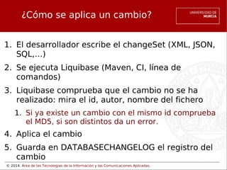 ¿Cómo se aplica un cambio?
1. El desarrollador escribe el changeSet (XML, JSON,
SQL,…)
2. Se ejecuta Liquibase (Maven, CI, línea de
comandos)
3. Liquibase comprueba que el cambio no se ha
realizado: mira el id, autor, nombre del fichero
1. Si ya existe un cambio con el mismo id comprueba
el MD5, si son distintos da un error.

4. Aplica el cambio
5. Guarda en DATABASECHANGELOG el registro del
cambio
© 2014. Área de las Tecnologías de la Información y las Comunicaciones Aplicadas.

 