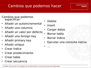 Cambios que podemos hacer
Cambios que podemos
especificar:
• Delete
• Añadir un autoincremental
• Insert
• Añadir una columna
• Cargar datos
• Añadir un valor por defecto
• Borrar tabla
• Añadir una foreign key
• Borrar índice
• Añadir primary key
• Ejecutar una consulta nativa
• Añadir unique
• …
• Crear índice
• Crear prodecimiento
• Crear tabla
• Crear secuencia
© 2014. Área de las Tecnologías de la Información y las Comunicaciones Aplicadas.

 