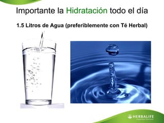 Importante la Hidratación todo el día 
1.5 Litros de Agua (preferiblemente con Té Herbal) 
 