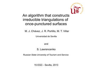 An algorithm that constructs
irreducible triangulations of
once-punctured surfaces
M. J. Chávez, J. R. Portillo, M. T. Villar
Universidad de Sevilla

and

S. Lawrencenko
Russian State University of Tourism and Service

15 EGC - Sevilla, 2013

 