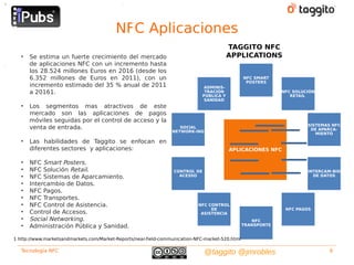 A    
     
         A
         I
         S
         N                                            
                                                          N
         D
         O
         N
         I
         F                                                F
PL
         M
         T
         S
         C                                                C
 C       I
         E
         T


                                                   NFC Aplicaciones
A        N
         A
         C
         T
         R
         E
         S                                                P
CI       I
         L
         R
         C
         O
         M                                                A
         S
         N
         L
         A                                                G
O
         -
         T
         N
         M
         S
         U
         R                                                O
N        E
         R
         S
         -
         C
         T                                                S
 S       R
         T
         O
         P
         B
         N
         I
         A
         W
         L
         O
         I
         F
         Ó
         P
                                                                                                    TAGGITO NFC
         R
         C
         N
         O   •   Se estima un fuerte crecimiento del mercado                                        APPLICATIONS
         I
         R
         D
         T
         S
        Ó
         K
         E
         D
         R
         T
         C
                 de aplicaciones NFC con un incremento hasta
         N
         -
         E
         O       los 28.524 millones Euros en 2016 (desde los
         I
         A
         T
         R
         N
         P
         N
         D
         A
         S
         T
                 6.352 millones de Euros en 2011), con un                                                 NFC SMART
                                                                                                           POSTERS
         Ú
         G
         A
         P
         I
         R       incremento estimado del 35 % anual de 2011                             ADMINIS-
         B
         S
         T
         A
         L
         O
         L
         T
         O
         R
         L
                 a 20161.                                                                TRACIÓN                       NFC SOLUCIÓN
                                                                                        PÚBLICA Y                         RETAIL
         I
         E
         S
         C                                                                               SANIDAD
         C
         N
         A
         D
         A
         C
         -
         E
             •   Los segmentos mas atractivos de este
         I
         M       mercado son las aplicaciones de pagos
         Y
         A
         I
         A
         E
         C
                 móviles seguidas por el control de acceso y la
                                                                                                                                SISTEMAS NFC
         S
         N
         E       venta de entrada.                                           SOCIAL
                                                                                                                                 DE APARCA-
         A
         T
         S                                                                NETWORK-ING
                                                                                                                                   MIENTO
         N
         O
         S
         I
         O   •   Las habilidades de Taggito se enfocan en
         D
         A       diferentes sectores y aplicaciones:                                                APLICACIONES NFC
         D

             •   NFC Smart Posters.
             •   NFC Solución Retail.                                      CONTROL DE                                           INTERCAM-BIO
             •   NFC Sistemas de Aparcamiento.                               ACESSO                                               DE DATOS

             •   Intercambio de Datos.
             •   NFC Pagos.
             •   NFC Transportes.
             •   NFC Control de Asistencia.                                          NFC CONTROL
                                                                                          DE                            NFC PAGOS
             •   Control de Accesos.                                                  ASISTENCIA
             •   Social Networking.                                                                          NFC
             •   Administración Pública y Sanidad.                                                        TRANSPORTE


         1 http://www.marketsandmarkets.com/Market-Reports/near-field-communication-NFC-market-520.html

             Tecnología NFC                                                             @taggito @jmrobles                              6
 