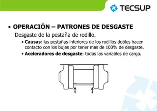 • OPERACIÓN – PATRONES DE DESGASTE
Desgaste de la pestaña de rodillo.
• Causas: las pestañas inferiores de los rodillos dobles hacen
contacto con los bujes por tener mas de 100% de desgaste.
• Aceleradores de desgaste: todas las variables de carga.
 