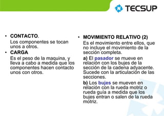• CONTACTO.
Los componentes se tocan
unos a otros.
• CARGA
Es el peso de la maquina, y
lleva a cabo a medida que los
componentes hacen contacto
unos con otros.
• MOVIMIENTO RELATIVO (2)
Es el movimiento entre ellos, que
no incluye el movimiento de la
sección completa.
a) El pasador se mueve en
relación con los bujes de la
sección de la cadena adyacente.
Sucede con la articulación de las
secciones.
b) Los bujes se mueven en
relación con la rueda motriz o
rueda guía a medida que los
bujes entran o salen de la rueda
motriz.
 