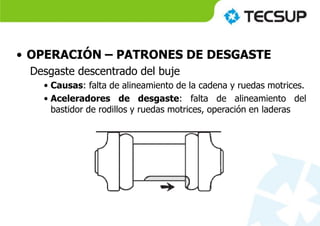 • OPERACIÓN – PATRONES DE DESGASTE
Desgaste descentrado del buje
• Causas: falta de alineamiento de la cadena y ruedas motrices.
• Aceleradores de desgaste: falta de alineamiento del
bastidor de rodillos y ruedas motrices, operación en laderas
 