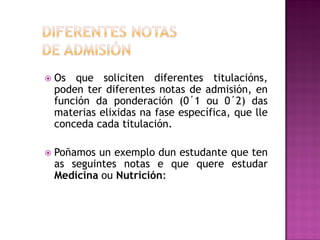 

Os que soliciten diferentes titulacións,
poden ter diferentes notas de admisión, en
función da ponderación (0´1 ou 0´2) das
materias elixidas na fase específica, que lle
conceda cada titulación.



Poñamos un exemplo dun estudante que ten
as seguintes notas e que quere estudar
Medicina ou Nutrición:

 