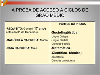Fabricación mecánica
(Bach. Ciencias)
CM Mecanizado
CM Soldadura e caldeirería
CS Construcións metálicas
CS Deseño en fabricación mecánica
CS Programación da produción en fabricación mecánica
CS Programación da produción en moldeamento de metais e polímeros
Hostalería e turismo
(Algúns por Bach.
Humanidades e CCSS /
algúns por Ciencias)
CM Cociña e gastronomía
CM Servicios de restauración
CS Dirección de cociña (Bach. de Ciencias)
CS Dirección de servizos de restauración (Bach. de Ciencias)
CS Guía, información e asistencia turísticas (Bach. Hum. e CCSS)
CS Xestión de aloxamentos turísticos (Bach. Hum. e CCSS)
CS Axencias de viaxes e xestión de eventos (Bach. Hum. e CCSS)
Imaxe e son
(Bach.Ciencias)
CM Vídeo dis-jockey e son
CS Animación 3D, xogos e contornos interactivos
CS Iluminación, captación e tratamento da imaxe.
CS Produción de audiovisuais e espectáculos
CS Realización de proxectos audiovisuais e espectáculos
Imaxe persoal
(Bach. Ciencias e
Humanidades e CCSS)
CM Caracterización
CM Estética persoal e decorativa
CM Peiteado e estética capilar
CS Estética integral e benestar (Bach. Ciencias)
CS Estilismo e dirección de peiteado (Bach. Ciencias e Hum. e CCSS)
CS Asesoría da imaxe persoal e corporativa (Bach. Ciencias e Hum. e CCSS)
CS Caracterización e maquillaxe profesional(Bach. Ciencias e Hum. e CCSS)
 