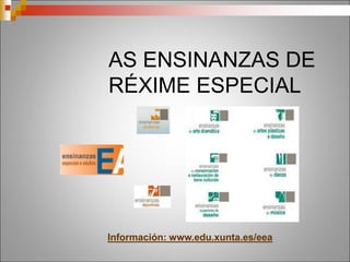 IDIOMAS
E.O.I. Centros especializados no ensino das diferentes linguas estranxeiras e do
estado.
TRES NIVEIS Nivel básico (A1 A2) : 2 cursos coa finalidade de usar o idioma a nivel cotián.
Nivel Intermedio (B1 B2): 2 cursos coa finalidade de usar o idioma en
situacións específicas.
Nivel Avanzado (C1 C2): 2 cursos coa finalidade de conseguir o dominio do
idioma oral e escrito a nivel xeral e específico.
TITULACIÓN Certificación oficial.
ASISTENCIA Diaria, alterna, intensiva
ACCESO • 16 anos, 14 para un idioma distinto do estudado en ESO.
• Co título de bacharelato accédese directamente ao nivel intermedio da 1ª
lingua estranxeira cursada.
MODALIDADES
DE ENSINO
 Oficial presencial
 Libre
 A distancia: Programa THAT´S ENGLISH
ESCOLAS
OFICIAIS DE
IDIOMAS
Coruña, Ferrol, Santiago, Lugo, Monforte, Ribadeo, Viveiro, Ourense,
Pontevedra, Vigo, Vilagarcía, Carballo, Cee.
IDIOMAS
Inglés, francés, alemán, italiano, galego, portugués, ruso, árabe, español,
xaponés, chinés.
 