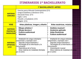 1º BACHILLERATO ARTES
MATERIAS
COMUNES
∙ Ciencias para el Mundo Contemporáneo (2 h)
∙ Lengua Castellana y Literatura I (4 h)
∙ Educación Física (2 h)
∙ Inglés I (3 h)
∙ Filosofía y Ciudadanía (3 h)
ITINERARIOS 1º BACHILLERATO
∙ Filosofía y Ciudadanía (3 h)
∙ Religión (2 h)
VIAS Artes plásticas, imagen y diseño Artes escénicas, música y danza
MATERIAS
PROPIAS DE
MODALIDAD
• Dibujo artístico I
• Dibujo técnico I
• Cultura audiovisual
• Volumen
• Análisis musical I
• Anatomía aplicada
• Artes Escénicas
• Cultura audiovisual
• Ampliación de Lengua extranjera: • Ampliación de Lengua extranjera:
MATERIAS
OPTATIVAS
(una)
• Ampliación de Lengua extranjera:
comprensión y expresión oral I
• Segunda Lengua Extranjera I
• Tecnologías de la Información y la
Comunicación
• Matemáticas de la Forma
• Otras materias de modalidad ofertadas
por el centro
• Ampliación de Lengua extranjera:
comprensión y expresión oral I
• Segunda Lengua Extranjera I
• Tecnologías de la Información y de la
Comunicación
• Interpretación musical
• Otras materias de modalidad ofertadas
por el centro
 