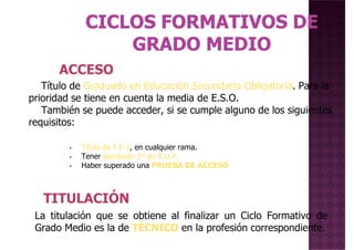 ACCESO
Título de Graduado en Educación Secundaria Obligatoria. Para laTítulo de Graduado en Educación Secundaria Obligatoria. Para la
prioridad se tiene en cuenta la media de E.S.O.
También se puede acceder, si se cumple alguno de los siguientes
requisitos:
• Título de F.P.1, en cualquier rama.
• Tener aprobado 2º de B.U.P.
• Haber superado una PRUEBA DE ACCESO• Haber superado una PRUEBA DE ACCESO
TITULACIÓN
La titulación que se obtiene al finalizar un Ciclo Formativo de
Grado Medio es la de TÉCNICO en la profesión correspondiente.
 