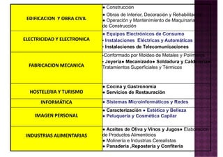 EDIFICACION Y OBRA CIVIL
● Construcción
● Obras de Interior, Decoración y Rehabilitación
● Operación y Mantenimiento de Maquinaria
de Construcción
ELECTRICIDAD Y ELECTRONICA
● Equipos Electrónicos de Consumo
• Instalaciones Eléctricas y Automáticas
• Instalaciones de Telecomunicaciones
FABRICACION MECANICA
•Conformado por Moldeo de Metales y Polímeros
• Joyería● Mecanizado● Soldadura y Calderería●
Tratamientos Superficiales y Térmicos
HOSTELERIA Y TURISMO
● Cocina y Gastronomía
● Servicios de Restauración
INFORMÁTICA ● Sistemas Microinformáticos y RedesINFORMÁTICA
IMAGEN PERSONAL
● Caracterización ● Estética y Belleza
● Peluquería y Cosmética Capilar
INDUSTRIAS ALIMENTARIAS
● Aceites de Oliva y Vinos y Jugos● Elaboración
de Productos Alimenticios
● Molinería e Industrias Cerealistas
● Panadería ,Repostería y Confitería
 