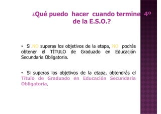 • Si superas los objetivos de la etapa, obtendrás el
Título de Graduado en Educación Secundaria
• Si NO superas los objetivos de la etapa, NO podrás
obtener el TÍTULO de Graduado en Educación
Secundaria Obligatoria.
Título de Graduado en Educación Secundaria
Obligatoria.
 