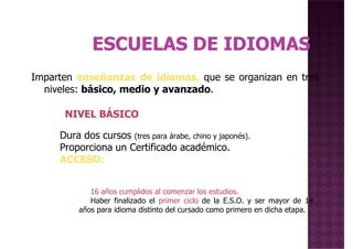 Imparten enseñanzas de idiomas, que se organizan en tresImparten enseñanzas de idiomas, que se organizan en tres
niveles: básico, medio y avanzado.
NIVEL BÁSICO
Dura dos cursos (tres para árabe, chino y japonés).
Proporciona un Certificado académico.
ACCESO:
• 16 años cumplidos al comenzar los estudios.
• Haber finalizado el primer ciclo de la E.S.O. y ser mayor de 14
años para idioma distinto del cursado como primero en dicha etapa.
 