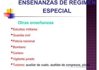 Otras enseñanzasOtras enseñanzas
•Estudios militares
•Guardia civil
•Policía nacional
•Bombero•Bombero
•Cartero
•Vigilante jurado
•Turismo: auxiliar de vuelo, azafata de congresos, piloto.
 