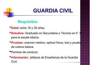 Requisitos
•Edad: entre 18 y 30 años.
•Estudios: Graduado en Secundaria o Técnico en F. P.
para la escala básica.
•Pruebas: examen médico, aptitud física, test y prueba
Requisitos
•Pruebas: examen médico, aptitud física, test y prueba
de cultura básica.
•Permiso de conducir.
•Información: Jefatura de Enseñanza de la Guardia
Civil.
 