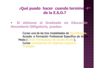 • Si obtienes el Graduado en Educación• Si obtienes el Graduado en Educación
Secundaria Obligatoria, puedes:
Cursar una de las tres modalidades de Bachillerato.
Acceder a Formación Profesional Específica de Grado
Medio (Ciclos Formativos de Grado Medio).
Cursar enseñanzas de régimen especial.
Trabajar.Trabajar.
 