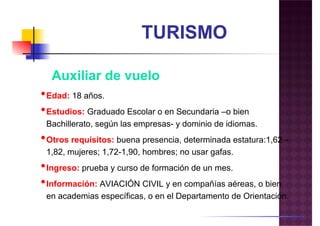 Auxiliar de vueloAuxiliar de vuelo
•Edad: 18 años.
•Estudios: Graduado Escolar o en Secundaria –o bien
Bachillerato, según las empresas- y dominio de idiomas.
•Otros requisitos: buena presencia, determinada estatura:1,62 –
1,82, mujeres; 1,72-1,90, hombres; no usar gafas.1,82, mujeres; 1,72-1,90, hombres; no usar gafas.
•Ingreso: prueba y curso de formación de un mes.
•Información: AVIACIÓN CIVIL y en compañías aéreas, o bien
en academias específicas, o en el Departamento de Orientación.
 