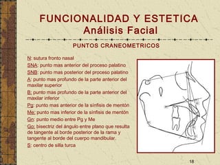 18
FUNCIONALIDAD Y ESTETICA
Análisis Facial
PUNTOS CRANEOMETRICOS
N: sutura fronto nasal
SNA: punto mas anterior del proceso palatino
SNB: punto mas posterior del proceso palatino
A: punto mas profundo de la parte anterior del
maxilar superior
B: punto mas profundo de la parte anterior del
maxilar inferior
Pg: punto mas anterior de la sínfisis de mentón
Me: punto mas inferior de la sínfisis de mentón
Gn: punto medio entre Pg y Me
Go: bisectriz del ángulo entre plano que resulta
de tangente al borde posterior de la rama y
tangente al borde del cuerpo mandibular.
S: centro de silla turca
 