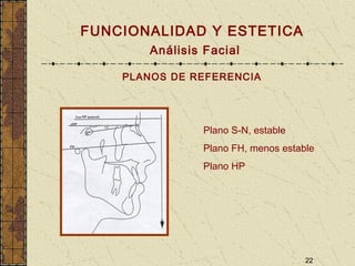 22
FUNCIONALIDAD Y ESTETICA
Análisis Facial
PLANOS DE REFERENCIA
Plano S-N, estable
Plano FH, menos estable
Plano HP
 