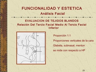 23
FUNCIONALIDAD Y ESTETICA
Análisis Facial
EVALUACION DE TEJIDOS BLANDOS
Relación Del Tercio Facial Medio Al Tercio Facial
Inferior
Proporción 1:1
Proporciones verticales de la cara
Glabela, subnasal, menton
se mide con respecto a HP
 