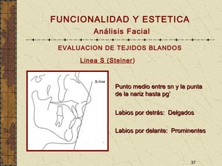 37
FUNCIONALIDAD Y ESTETICA
Análisis Facial
EVALUACION DE TEJIDOS BLANDOS
Linea S (Steiner)
Punto medio entre sn y la puntaPunto medio entre sn y la punta
de la nariz hasta pg’de la nariz hasta pg’
Labios por detrás: DelgadosLabios por detrás: Delgados
Labios por delante: ProminentesLabios por delante: Prominentes
 
