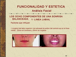 44
FUNCIONALIDAD Y ESTETICA
Análisis Facial
LOS OCHO COMPONENTES DE UNA SONRISA
BALANCEADA 1- LINEA LABIAL
Factores que influyen
• Longitud del labio superior= de subnasal al portion del central sup en la linea
media . 23mm en hombres y 20mm en mujeres
 