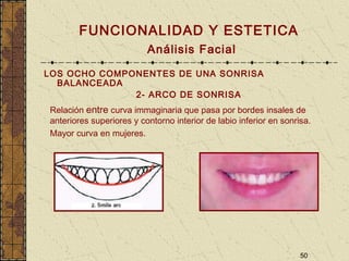 50
FUNCIONALIDAD Y ESTETICA
Análisis Facial
LOS OCHO COMPONENTES DE UNA SONRISA
BALANCEADA
2- ARCO DE SONRISA
Relación entre curva immaginaria que pasa por bordes insales de
anteriores superiores y contorno interior de labio inferior en sonrisa.
Mayor curva en mujeres.
 